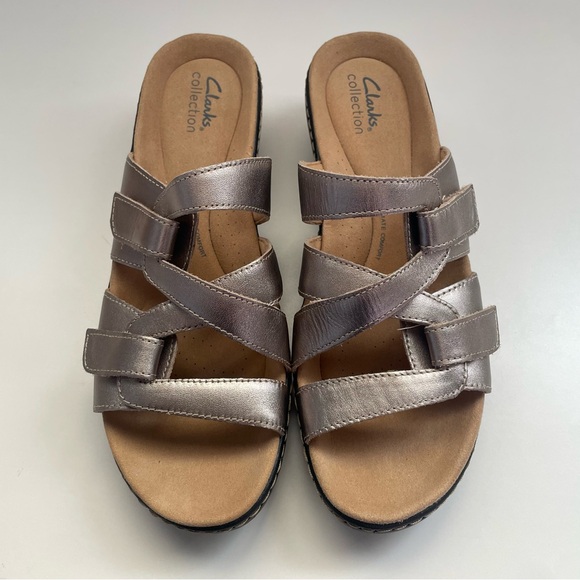 Clarks Collection Leather Sandals Women’s 9.5 M Metallic Slip on Merliah Karli - Picture 2 of 13